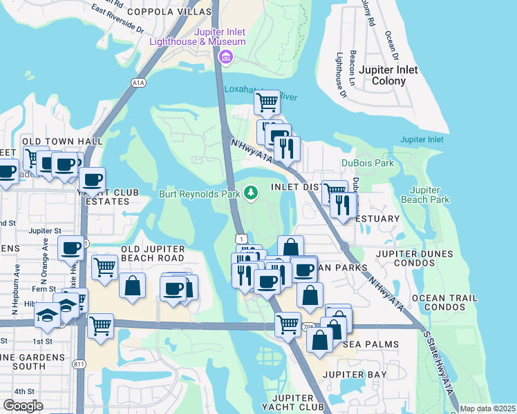 map of restaurants, bars, coffee shops, grocery stores, and more near 805 U.S. 1 in Jupiter