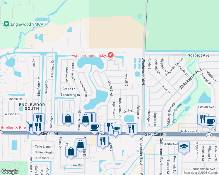 map of restaurants, bars, coffee shops, grocery stores, and more near 6215 Oriole Boulevard in Englewood