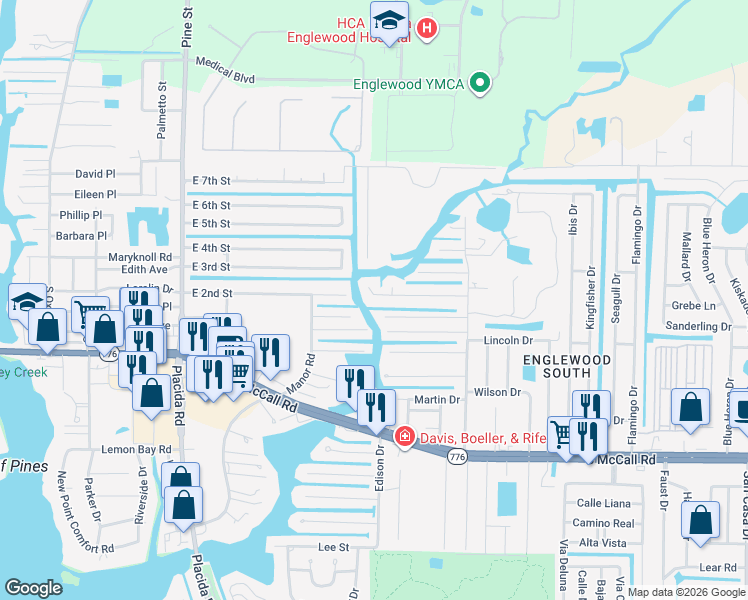 map of restaurants, bars, coffee shops, grocery stores, and more near 1112 Andrews Street in Englewood