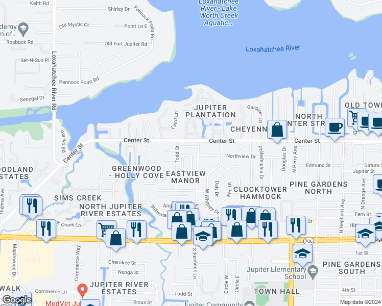 map of restaurants, bars, coffee shops, grocery stores, and more near 125 Pennock Landing Circle in Jupiter