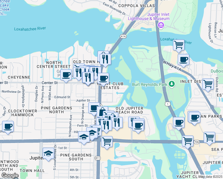 map of restaurants, bars, coffee shops, grocery stores, and more near 706 Paulina Road in Jupiter