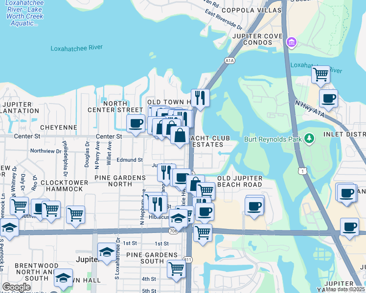 map of restaurants, bars, coffee shops, grocery stores, and more near 680 North Old Dixie Highway in Jupiter