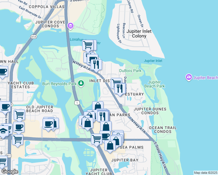 map of restaurants, bars, coffee shops, grocery stores, and more near 757 Highway A1A in Jupiter