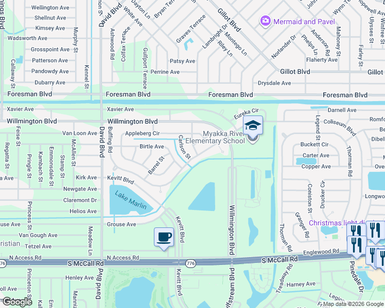 map of restaurants, bars, coffee shops, grocery stores, and more near 13017 Afton Court in Port Charlotte