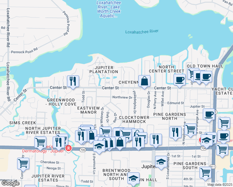 map of restaurants, bars, coffee shops, grocery stores, and more near 713 North Whitney Drive in Jupiter