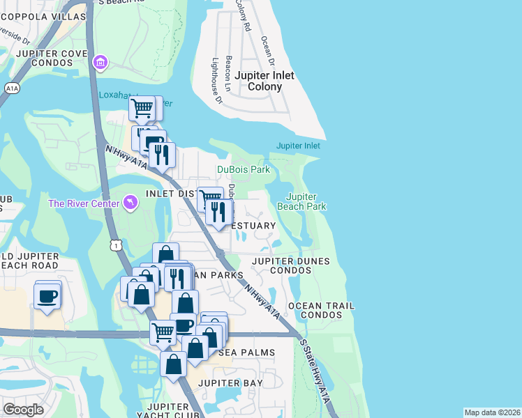 map of restaurants, bars, coffee shops, grocery stores, and more near 18020 Dubois Lane in Jupiter