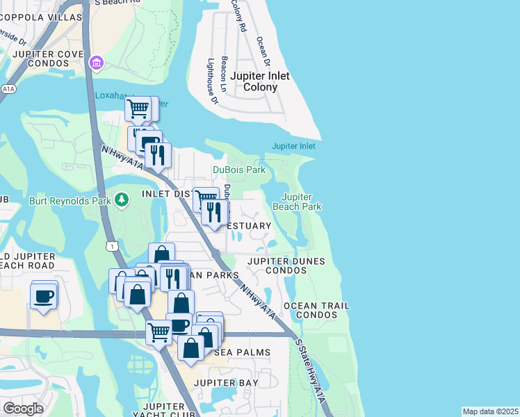 map of restaurants, bars, coffee shops, grocery stores, and more near 3902 Fairway Drive North in Jupiter