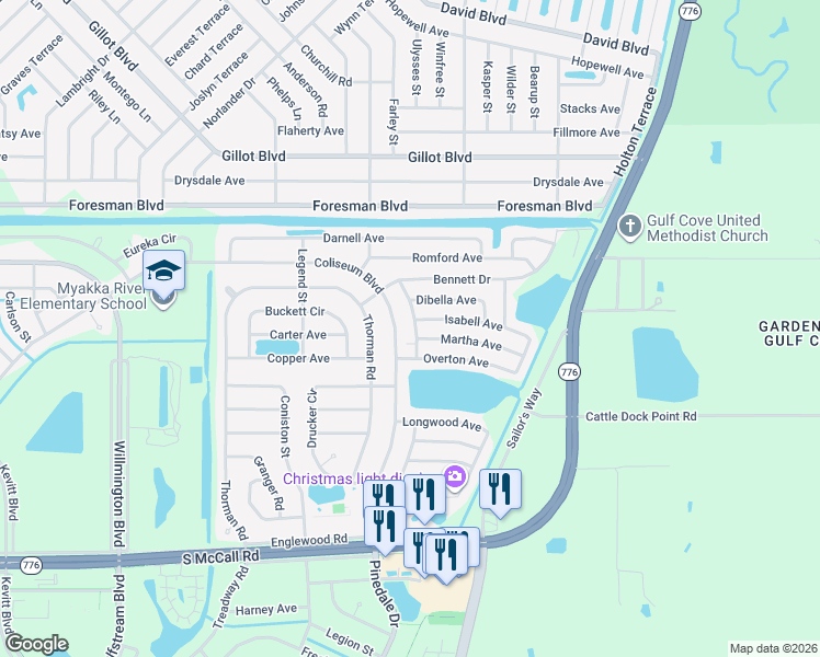 map of restaurants, bars, coffee shops, grocery stores, and more near 6368 Coliseum Boulevard in Port Charlotte