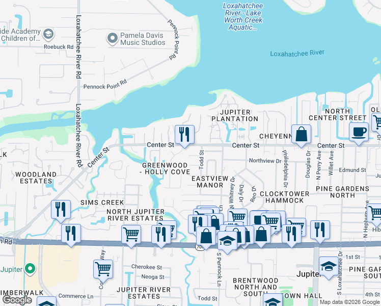 map of restaurants, bars, coffee shops, grocery stores, and more near 1011 Cheyenne Street in Jupiter