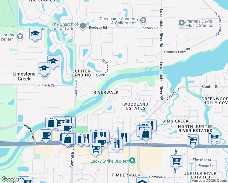 map of restaurants, bars, coffee shops, grocery stores, and more near 6167 Riverwalk Lane in Jupiter