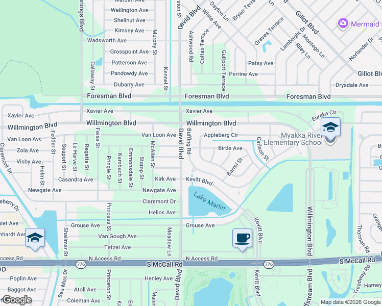 map of restaurants, bars, coffee shops, grocery stores, and more near 12337 Buffing Road in Port Charlotte