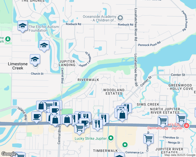 map of restaurants, bars, coffee shops, grocery stores, and more near 6143 Riverwalk Lane in Jupiter