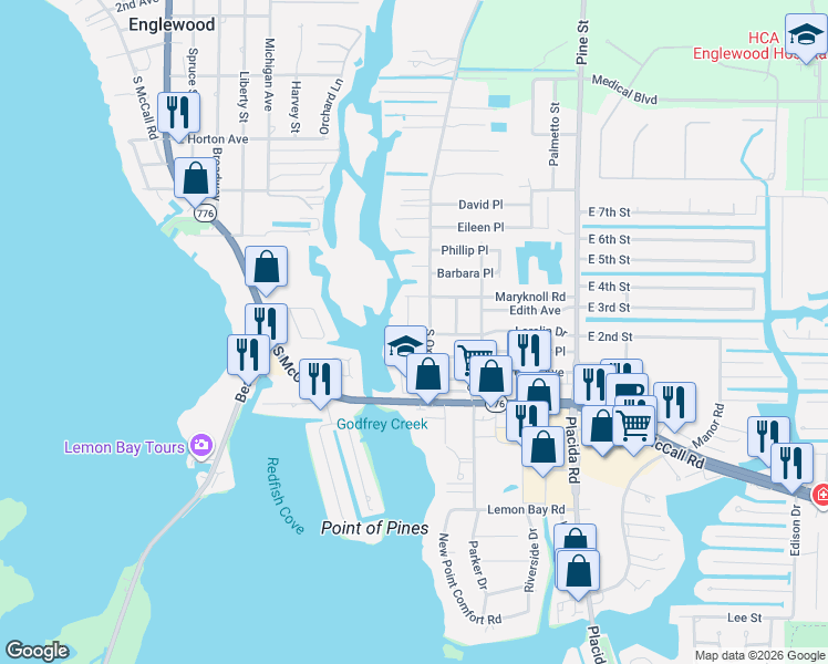map of restaurants, bars, coffee shops, grocery stores, and more near 1230 Maryknoll Road in Englewood