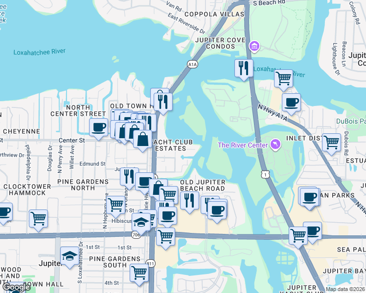 map of restaurants, bars, coffee shops, grocery stores, and more near 119 Elsa Road in Jupiter