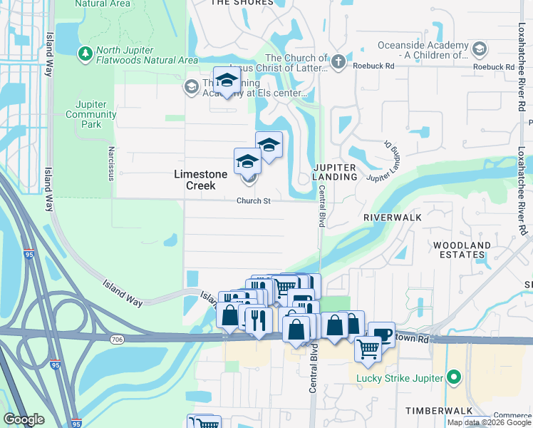 map of restaurants, bars, coffee shops, grocery stores, and more near 6718 Church Street in Jupiter
