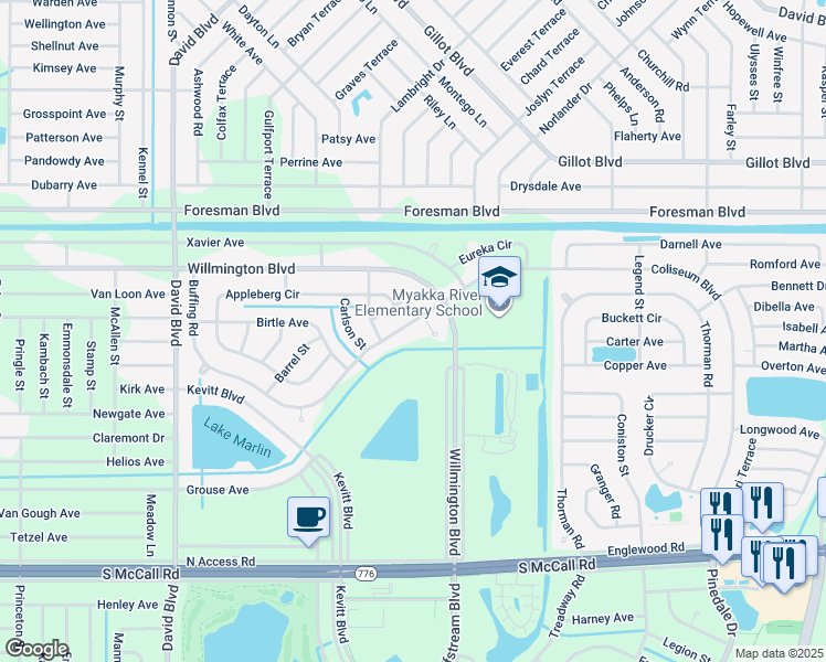 map of restaurants, bars, coffee shops, grocery stores, and more near 12725 Buffing Road in Port Charlotte