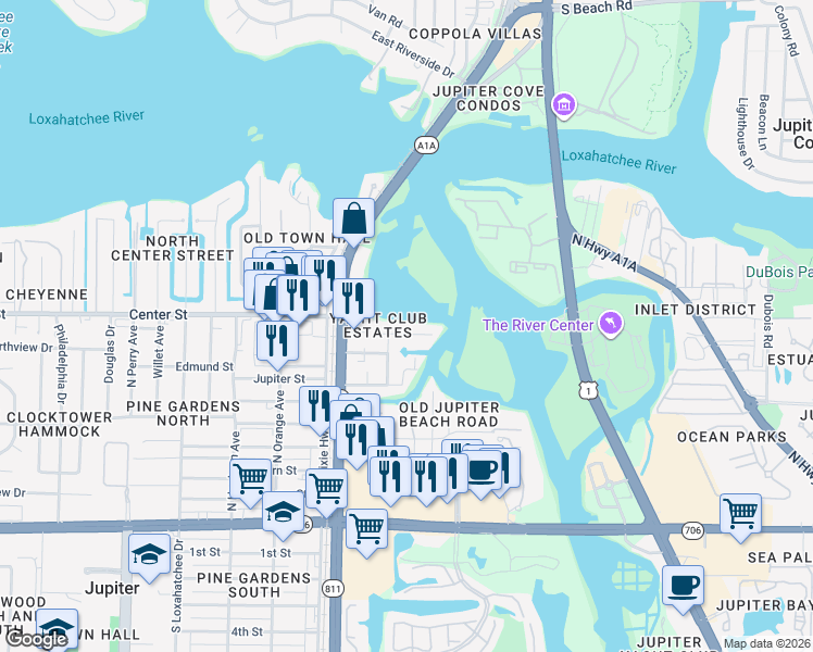 map of restaurants, bars, coffee shops, grocery stores, and more near 115 Elsa Road in Jupiter