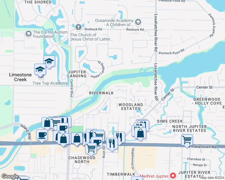 map of restaurants, bars, coffee shops, grocery stores, and more near 6143 Riverwalk Lane in Jupiter