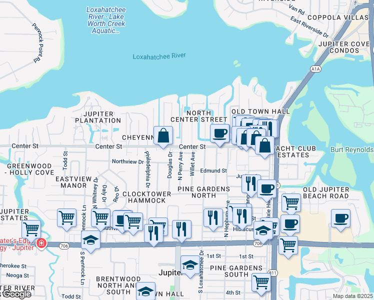 map of restaurants, bars, coffee shops, grocery stores, and more near 430 Center Street in Jupiter