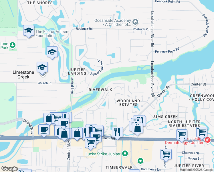 map of restaurants, bars, coffee shops, grocery stores, and more near 6143 Riverwalk Lane in Jupiter