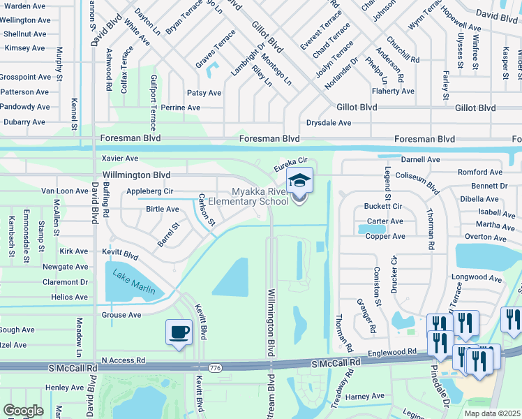 map of restaurants, bars, coffee shops, grocery stores, and more near 12755 Buffing Road in Port Charlotte