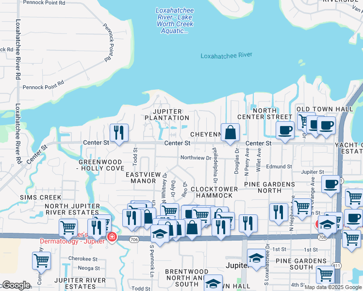 map of restaurants, bars, coffee shops, grocery stores, and more near 713 North Whitney Drive in Jupiter
