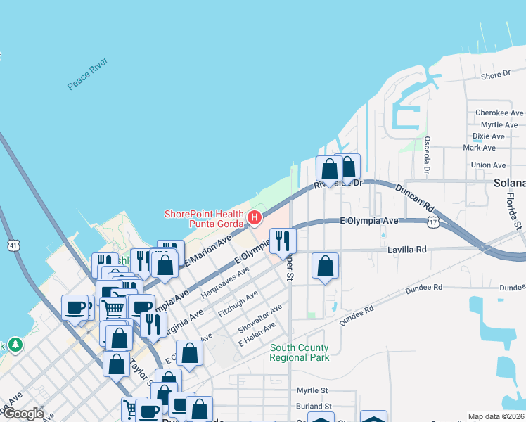 map of restaurants, bars, coffee shops, grocery stores, and more near 726 East Marion Avenue in Punta Gorda
