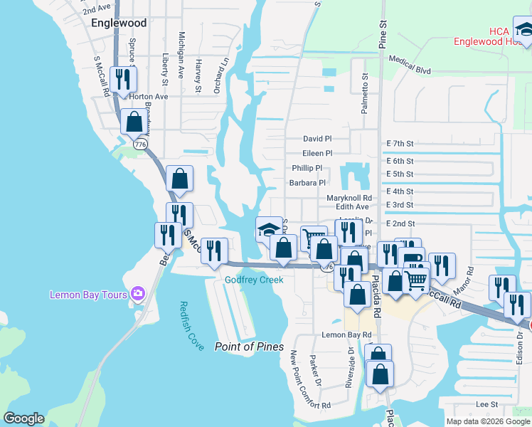 map of restaurants, bars, coffee shops, grocery stores, and more near 1230 Maryknoll Road in Englewood
