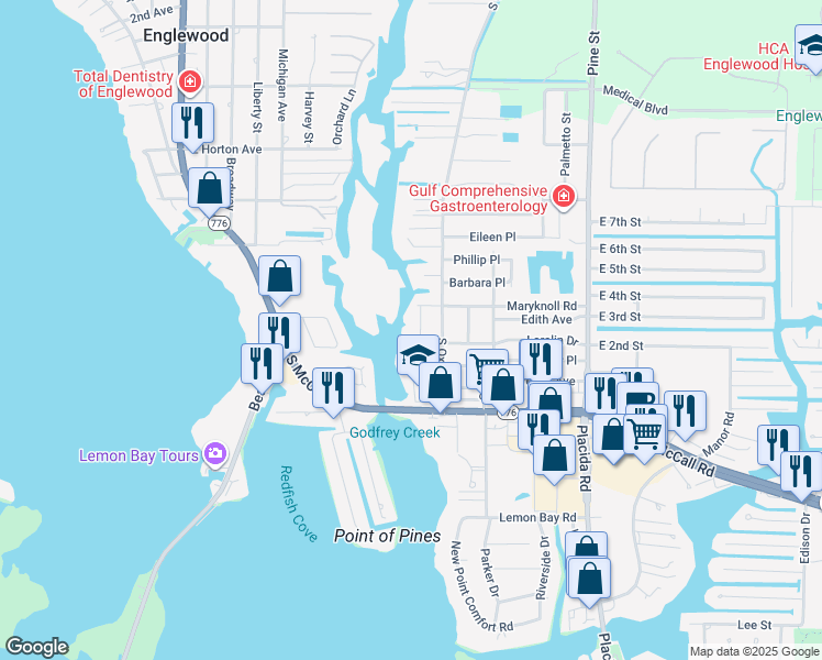map of restaurants, bars, coffee shops, grocery stores, and more near 1230 Maryknoll Road in Englewood