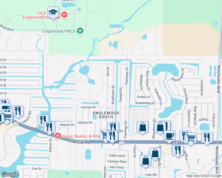 map of restaurants, bars, coffee shops, grocery stores, and more near 1314 Kingfisher Drive in Englewood