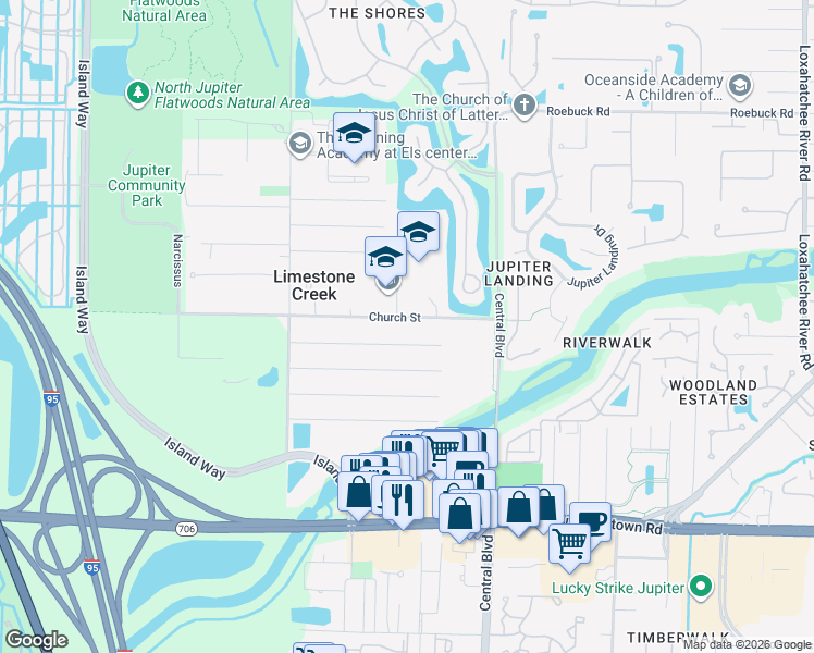 map of restaurants, bars, coffee shops, grocery stores, and more near 6718 Church St in Jupiter