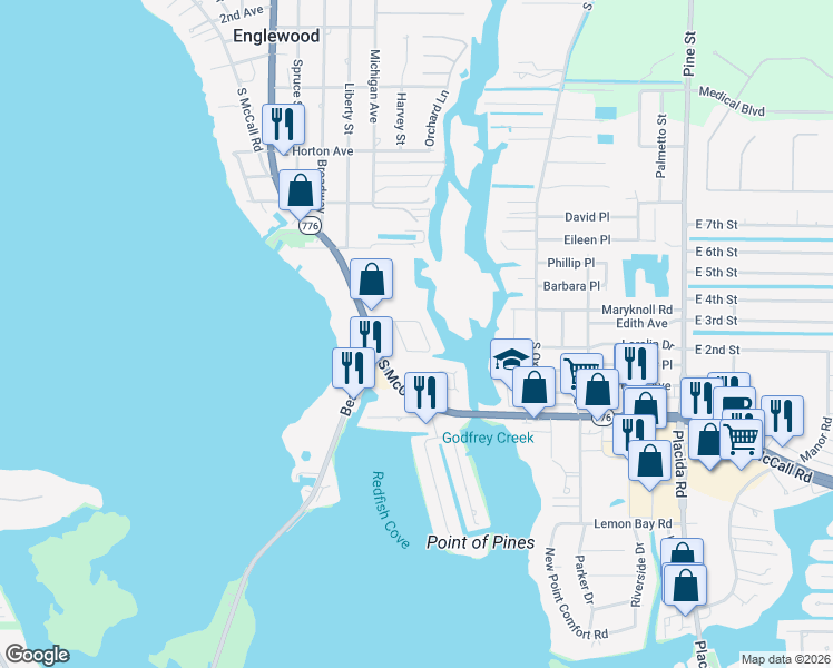 map of restaurants, bars, coffee shops, grocery stores, and more near 120 Crestview Drive in Englewood