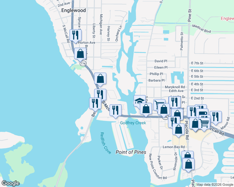 map of restaurants, bars, coffee shops, grocery stores, and more near 120 Crestview Drive in Englewood