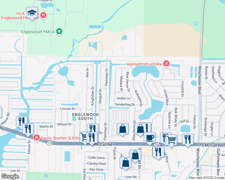map of restaurants, bars, coffee shops, grocery stores, and more near 1486 Sanderling Drive in Englewood