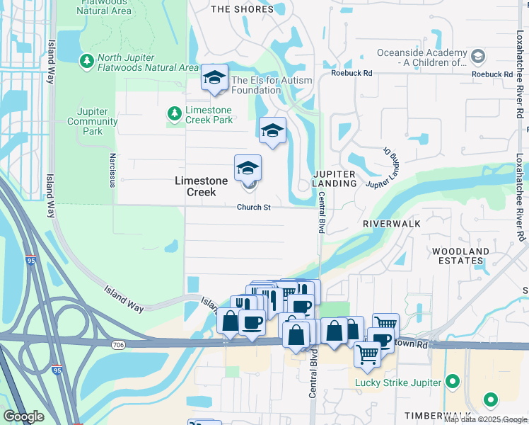 map of restaurants, bars, coffee shops, grocery stores, and more near 6710 Church Street in Jupiter