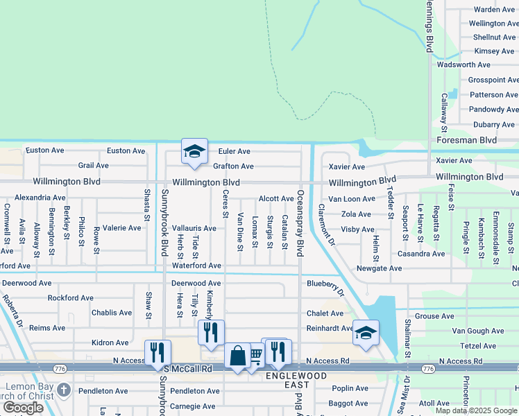 map of restaurants, bars, coffee shops, grocery stores, and more near 6136 Lomax Street in Englewood