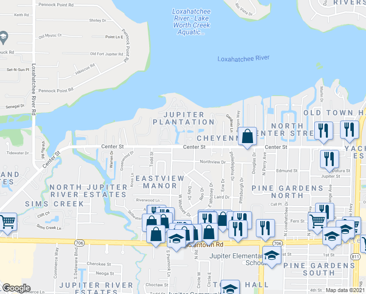map of restaurants, bars, coffee shops, grocery stores, and more near 836 Center Street in Jupiter