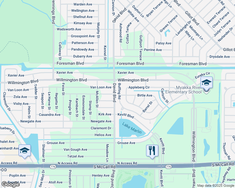 map of restaurants, bars, coffee shops, grocery stores, and more near 12337 Buffing Road in Port Charlotte