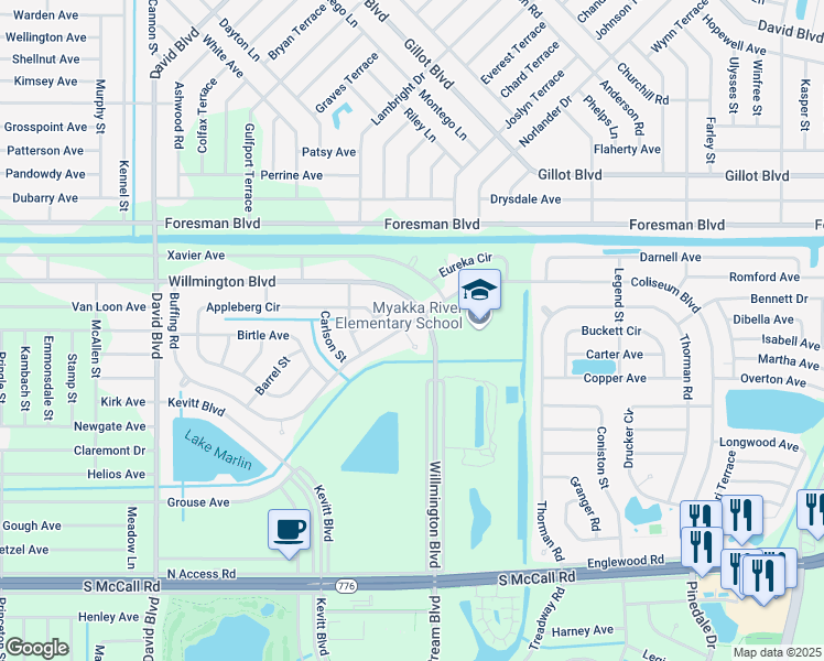 map of restaurants, bars, coffee shops, grocery stores, and more near 12755 Buffing Road in Port Charlotte