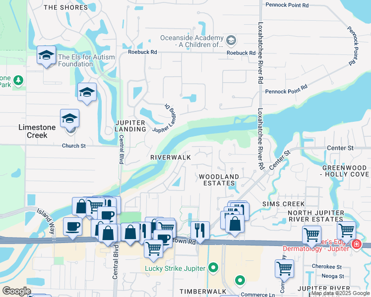 map of restaurants, bars, coffee shops, grocery stores, and more near 6143 Riverwalk Lane in Jupiter