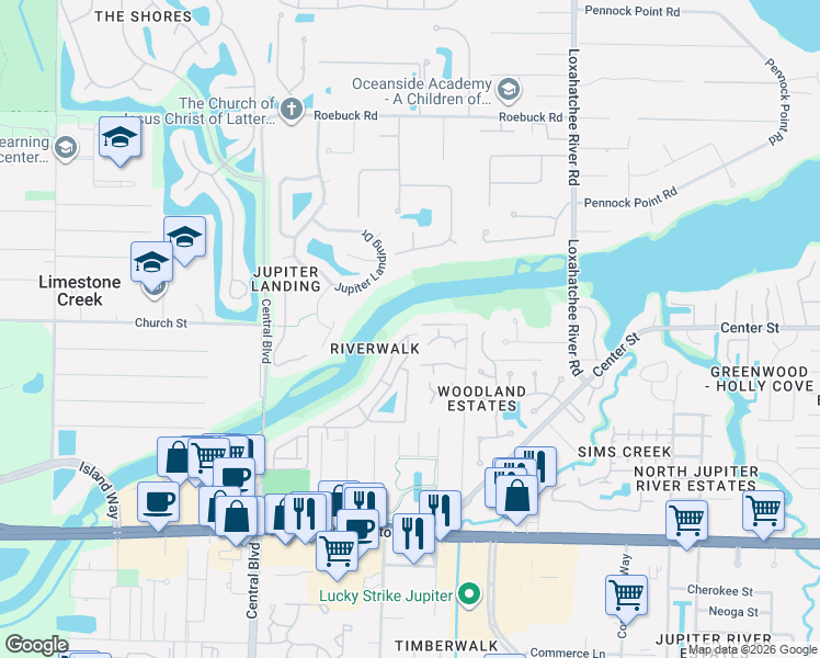 map of restaurants, bars, coffee shops, grocery stores, and more near 6143 Riverwalk Lane in Jupiter