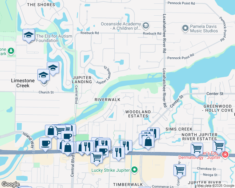 map of restaurants, bars, coffee shops, grocery stores, and more near 6143 Riverwalk Lane in Jupiter