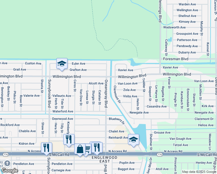 map of restaurants, bars, coffee shops, grocery stores, and more near 11813 Oceanspray Boulevard in Englewood