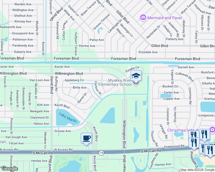 map of restaurants, bars, coffee shops, grocery stores, and more near 13017 Afton Court in Port Charlotte