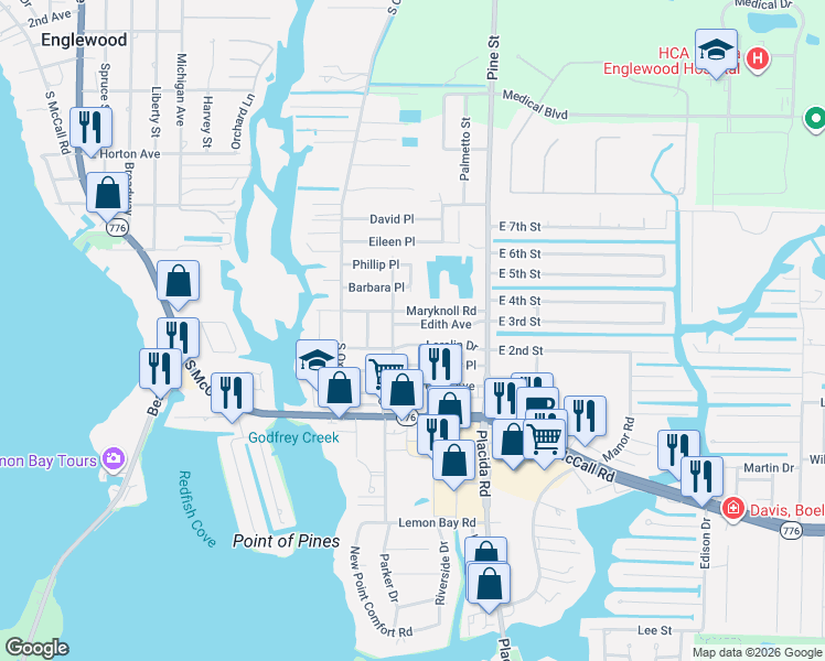 map of restaurants, bars, coffee shops, grocery stores, and more near 1705 Edith Avenue in Englewood