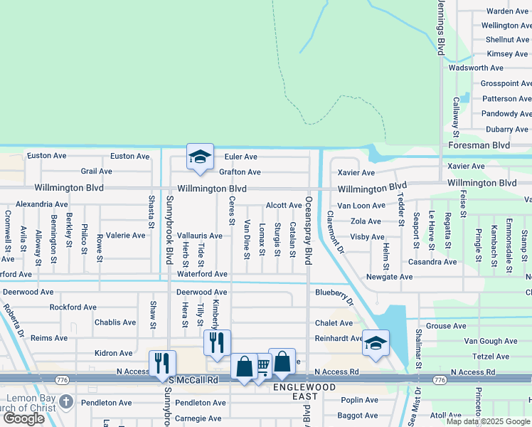 map of restaurants, bars, coffee shops, grocery stores, and more near 6136 Lomax Street in Englewood
