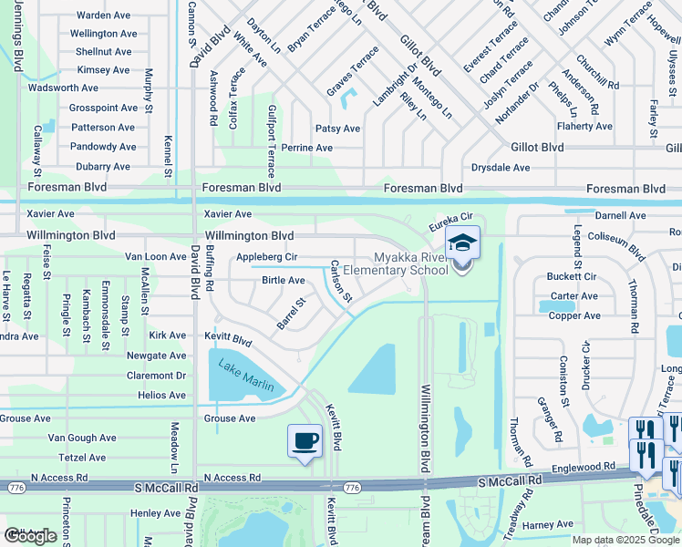 map of restaurants, bars, coffee shops, grocery stores, and more near 6128 Carlson Street in Port Charlotte