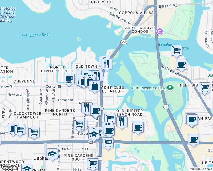 map of restaurants, bars, coffee shops, grocery stores, and more near 33 East Center Street in Jupiter