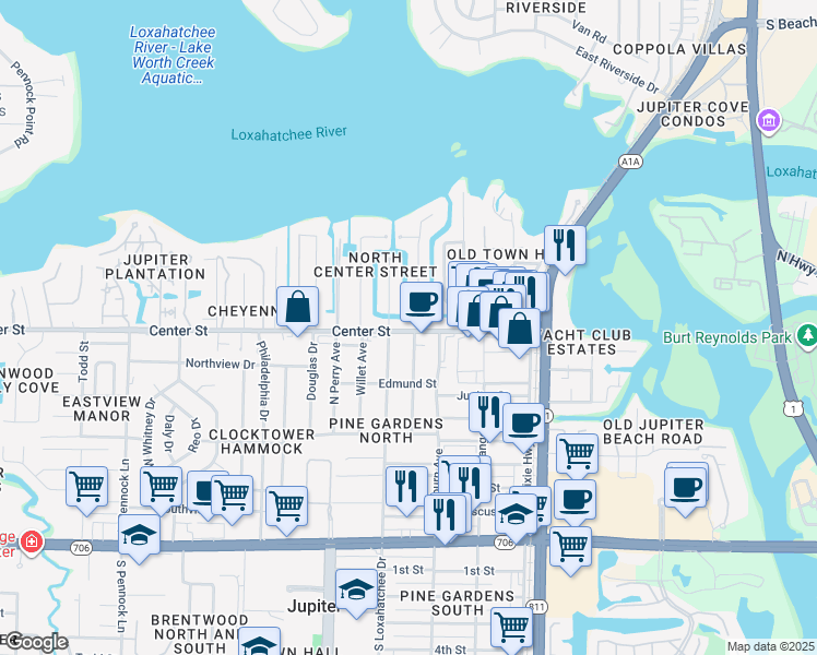 map of restaurants, bars, coffee shops, grocery stores, and more near 353 Center Street in Jupiter