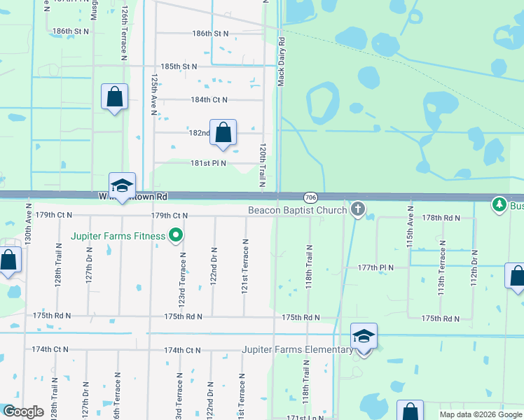 map of restaurants, bars, coffee shops, grocery stores, and more near 12061 179th Court North in Jupiter
